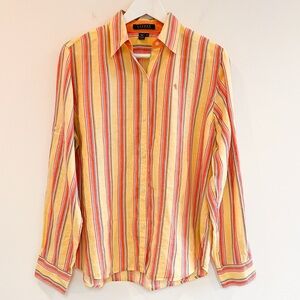Vintage Lauren Ralph Lauren 100% Linen Yellow Striped Button-Down Size Medium